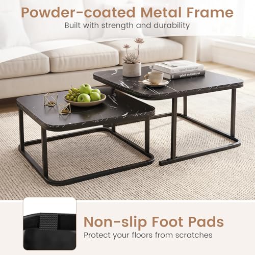 Image of Giantex Nesting Coffee Table Set of 2, Faux Marble Center Table with Metal Frame, Modern Square Accent Cocktail Table, Small Coffee Table for Living Room, Small Spaces (Black)