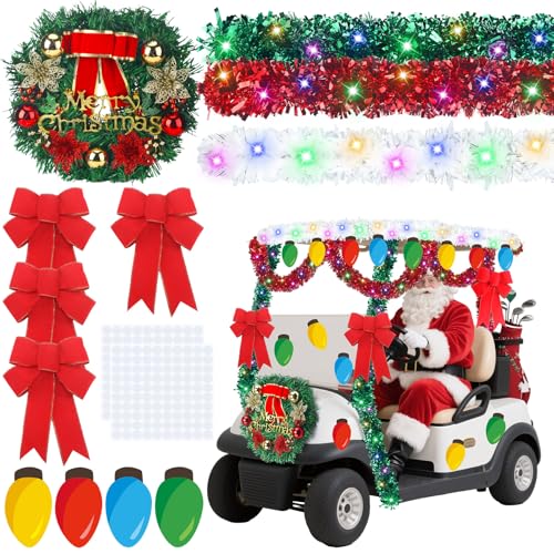38pcs Christmas Parade Golf Cart Decoration Kit with Light String Golf Cart Supplies Christmas Wreath Bow Red Green White Tinsel Garland Colorful Bulb Cutouts with Glue for Holiday Parade Decoration
