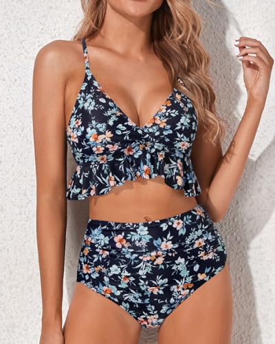 Image of Tempt Me Women High Waisted Ruffle Bikini Set Two Piece Swimsuits Flounce Tummy Control Bathing Suit