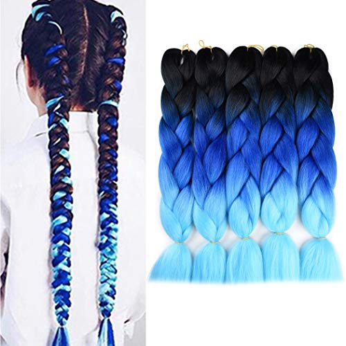Kanekalon Braiding Hair Extensions 3 Tone Ombre Jumbo Synthetic Braids Hair High Temperature Fiber Crochet Twist Braids (Black/Royalblue/Sky Blue)