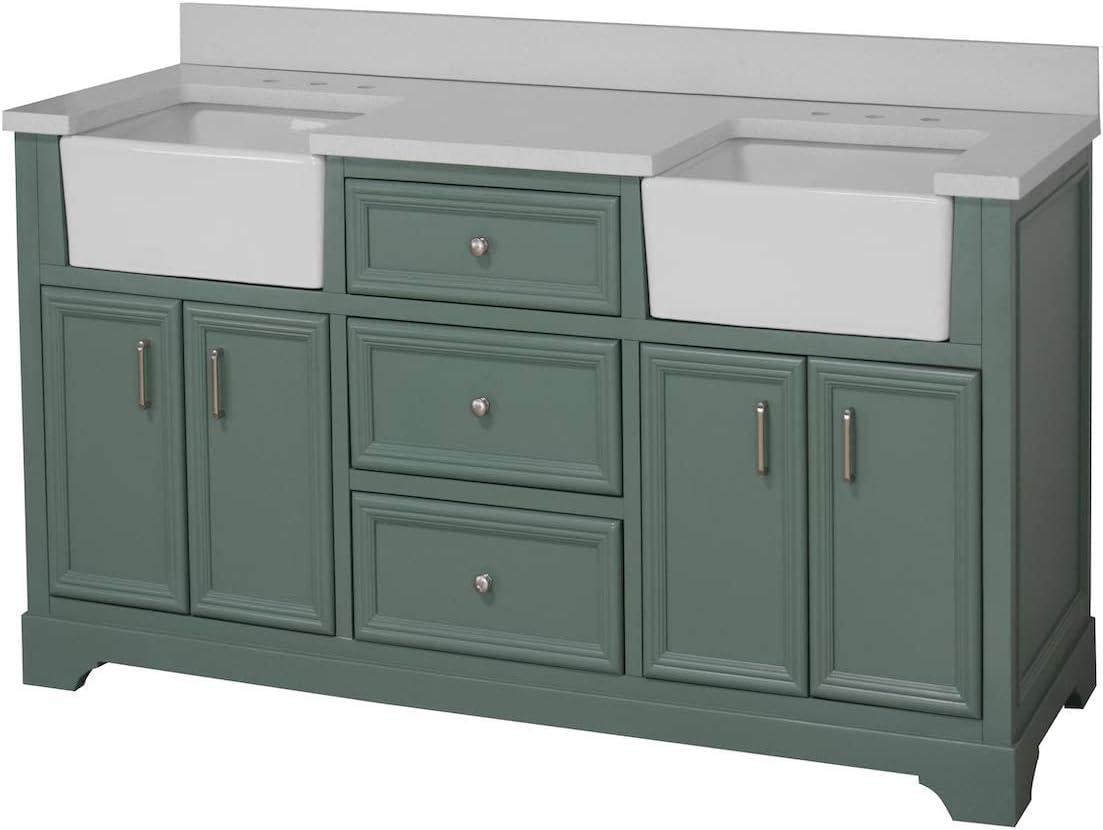 Kitchen Bath Collection Zelda 72-inch Double Farmhouse Vanity (Quartz/Sage Green): Includes Sage Green Cabinet with Stunning Quartz Countertop and White Ceramic Farmhouse Apron Sinks