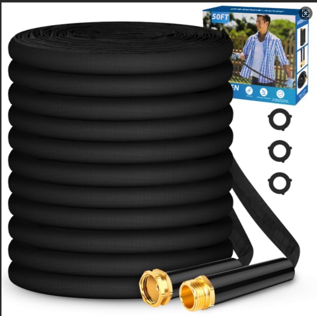 Garden Hose 50ft Lightweight, Non-Expanding, Leak-Proof Metal Connector, No-Knot No-Tangle, Easy to Store and Carry, Wear-Resistant, 3/4GHT Flexible Water Hose for Yard, Outdoor (Black)