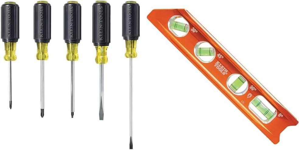 Klein Tools 5-Piece Screwdriver Set with 8-Inch Billet Magnetic Level, 0/30/45/90 Degree Vials