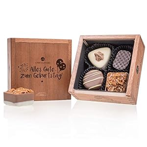 Elegance Mini – Geburtstag – 4 Luxe pralines | Premium kwaliteit in een houten kistje | Verjaardag | Chocolade cadeau | Geschenkidee | Vrouw | Man | Volwassenen