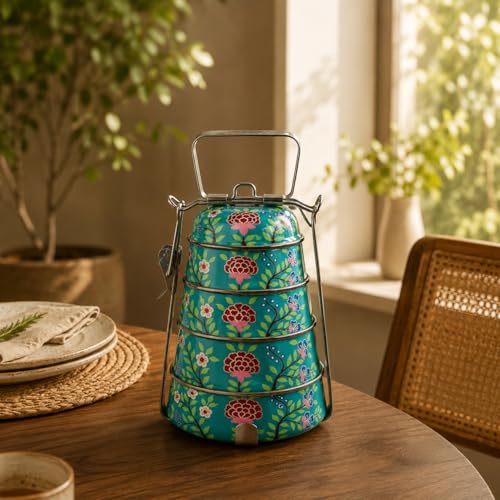 Image of iHandikart Handpainted Decorative Lunch Box Tiffin | Multiple Tier Stainless Steel Food Box | Designer Indian Print Tiffin for School | Diwali Gift, Navratri Gift (Color - Multicolor)