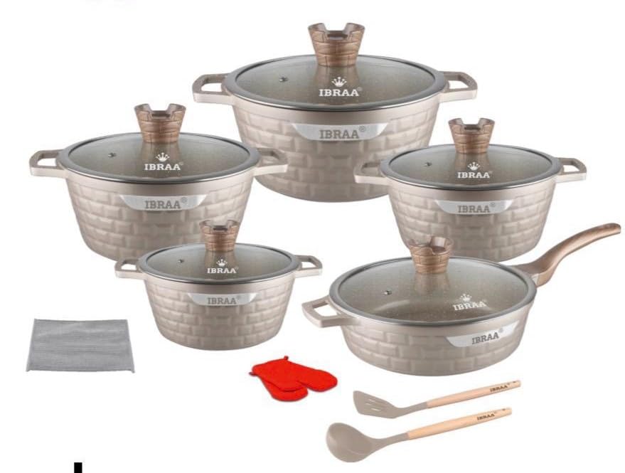 IBRAA 15Pcs Cooking pots/pan, Non-Stick, Induction, Bricks Shape, Inside Granite, semi- Thick Glass lid, Two Gloves, Two Cooking Spoons with a Cleaner,Set of Five Cooking pots and a pan. (Champagne)