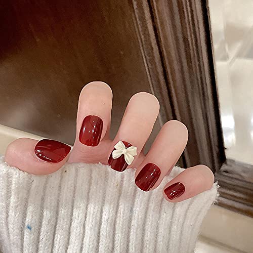 Falsche Nägel Nagelflecken Runde Volle Nägel Tipps Nagelkunst- Dekorationen 24 Stück Tragen Sie kurze quadratische Köpfe Falsche Nägel Rote Farbe mit Schleife Dekor Maniküre Falsche Nägel Tragbarer – Bild 6