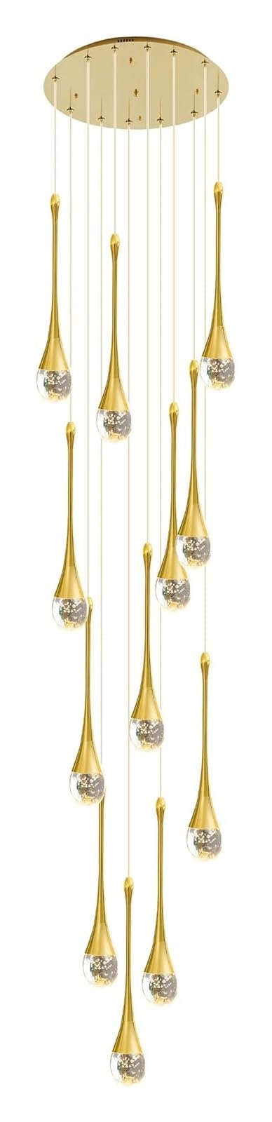 HYJAUSXB Modern Crystal Chandelier LED Ceiling Light Fixture for High Ceilings 12 Dimmable Spiral Pendant Lamp Foyer Entryway Staircase Golden Raindrop Design 3CCT Options