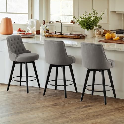 Image of Watson & Whitely Counter Height Bar Stools Swivel Barstools, Fabric Grey | Set of 3, Upholstered Modern Barstool with Back, Solid Wood Legs, 26 inch H Seat