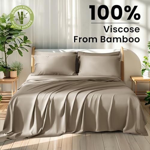Shilucheng 100% Viscose Derived from Bamboo_ Sheets Queen Size 6pcs - Ultra Cooling & Silky Soft Bed Sheets, 16" Deep Pocket, Perfect for Hot Sleepers, Hotel Bedding Sheets (Simply Taupe)