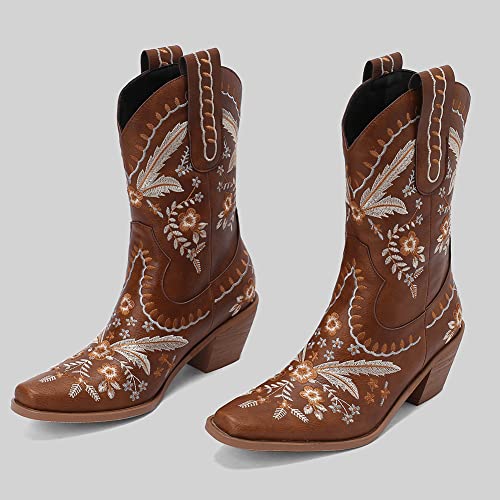 Image of Womens Embroidered Cowgirl Boots Pull On Cowboy Boots for Women Floral Low Chunky Heel Western Boots