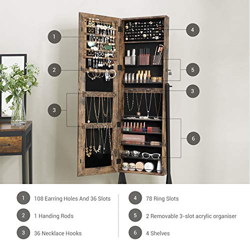 Songmics Mirror Jewelry Cabinet, Freestanding 3-In-1 Cosmetics Storage Cabinet, Lockable Jewelry Armoire With Mirror, Mesh Shelf, Metal Frame,Rustic Brown And Black Ujjc97Bc #TOP2