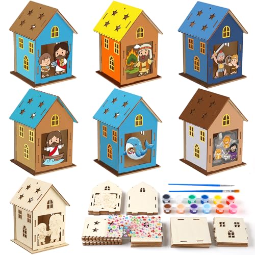 Honoson 12 Set Jesus Religious Craft Kit DIY Wooden House Paint Sunday School Vacation Bible Religious Crafts with Color Pens Gem Stickers for Sunday School Christian Church Party Easter