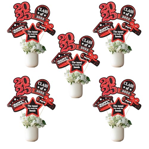 Abitoncc Graduation Decorations Class of 2025-25Pcs Red and Black Congrats Grad Centerpiece Sticks 2025 Graduation Party Table Toppers for College High School Congrats Party Supplies
