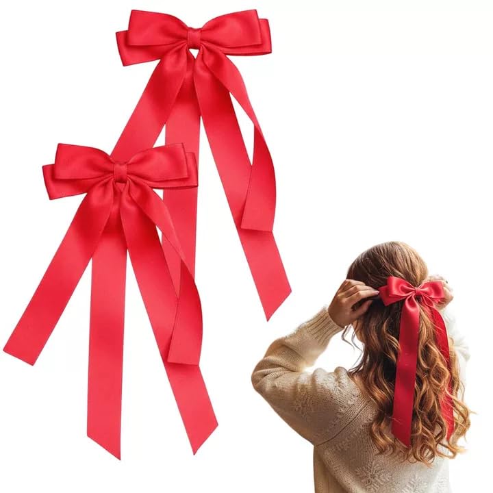 Hair Bows for Women Girls,Red Hair Ribbon Clips with Long Tails Vintage Hair Accessories for Women (Red-2PC)