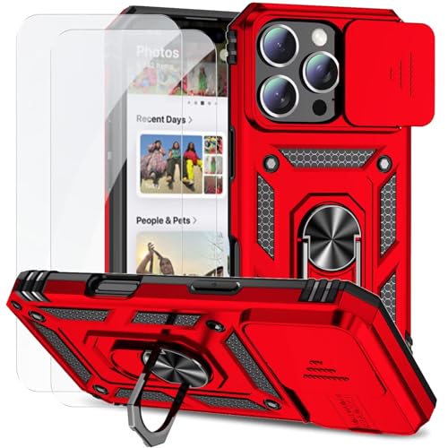 HAOFUGUI Funda para Motorola Moto G 5G 2023 / G 4G 2023, con 2× Cristal Templado, Carcasa con 360 Grados Metálico Anillo Soporte, Hard PC Silicona TPU Antigolpes Case Cover Rojo