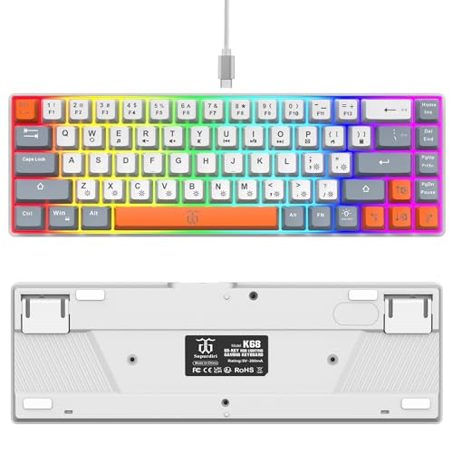 Image of Snpurdiri 60% Percent Gaming Keyboard, Ergonomic Compact RGB Backlit Small Gaming Keyboard for Windows, PC, Laptop (68 Keys, White-Grey-Orange)