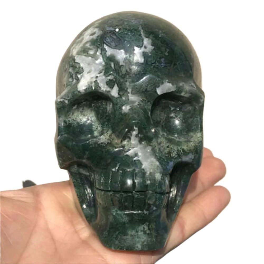 AUOQKQUT Moss Agate Skull Crystal Quartz Stone Home Decor(Size:500-550g)