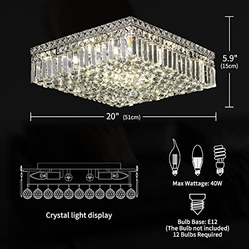 Ceenli 12-Lights Modern Flush Mount Ceiling Light Fixtures,Elegant Crystal Chandelier Pendant Ceiling Lamp For Bedroom,Living Room,Dining Room,Hallway H5.9 X W20 X L20 (Bulbs Not Included) Square #TOP3