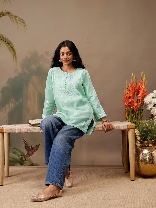 Image of Ada Hand Embroidered Lucknowi Chikankari Cotton Top for Women A911459