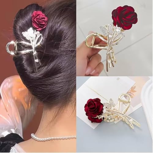 Image of Diversa Rhinestone Golden Claw Clip, Embellished Korean Clutcher, Non- Slip Metal Claw Clip for Girls, Fancy Clutcher for Women, Pack of 1 (Golden Rose)