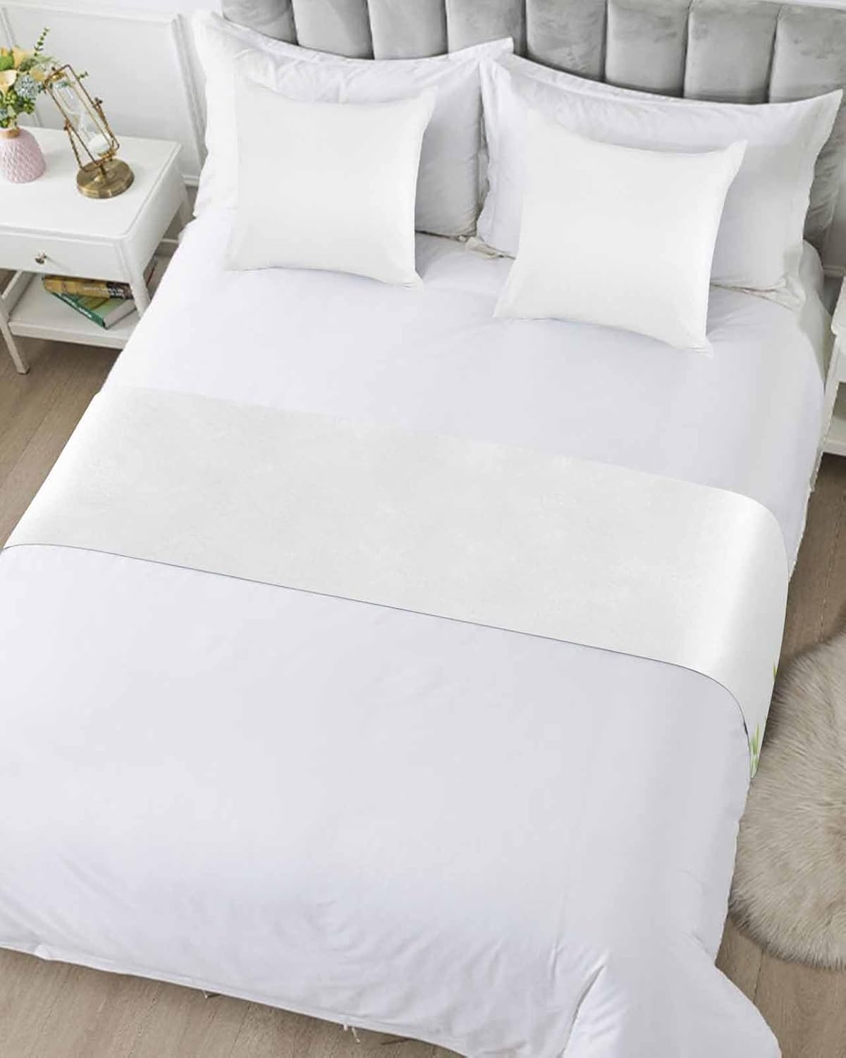 Summer Leaves Bed Runner for Twin Size, Seasonal Green Nature Plants Aesthetic Bedspread Protector Slipcover Bed Scarf for Foot Runners & Scarves for Bedroom Hotel Wedding Room 71x20 Inches