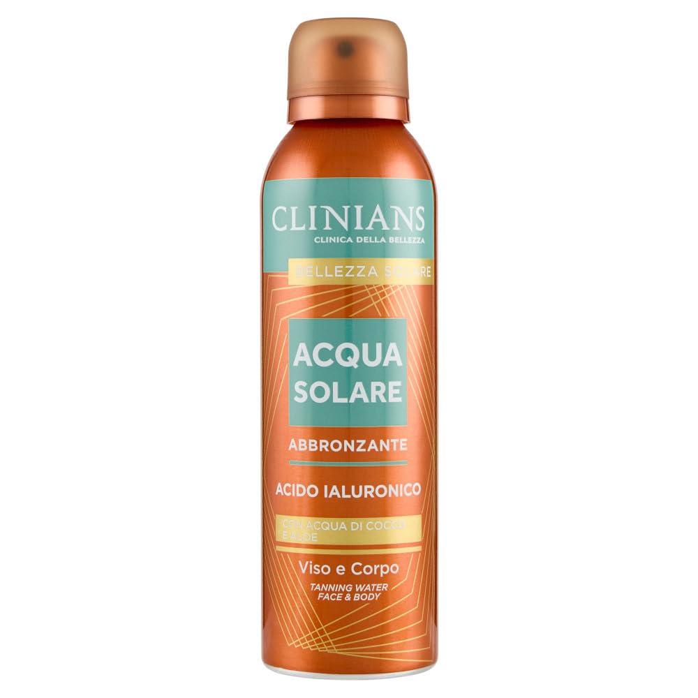 CLINIANS | Acqua Solare Abbronzante Viso & Corpo, con Acido Ialuronico, Acqua di Cocco e Aloe, 150mL