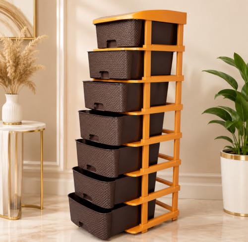 Image of Jefa Plastic Modular Drawer Storage Organizer | Multipurpose Storage Chest with Anti-Slip Design | Large Capacity Drawer Rack for Clothes, Shoes, Office & Home Use (Brown, 7)