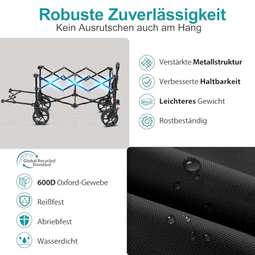 Sekey XXL Bollerwagen Faltbar mit Erweiterbarer Heckklappe 135L & 200L, Faltbarer Bollerwagen Klappbar Angelwagen Zusammenfaltbar aus Vier Richtungen bis 150KG, Flexi 4019, Schwarz – Bild 6