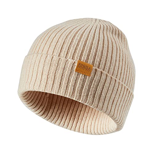 FUQILA 100% Merino Wool Cuff Beanie Hat, Unisex Warm Winter Caps Soft, Breathable & Cozy Stretchy Knitted Cuffed Cap (Apricot)