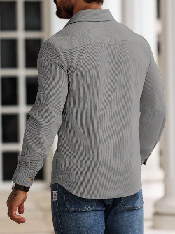 Image of Men Corduroy Casual Jacket Full Sleeve Self Design Button Front with Spread Collar, Woven Cord Lining and Two Pockets for Casual Outings