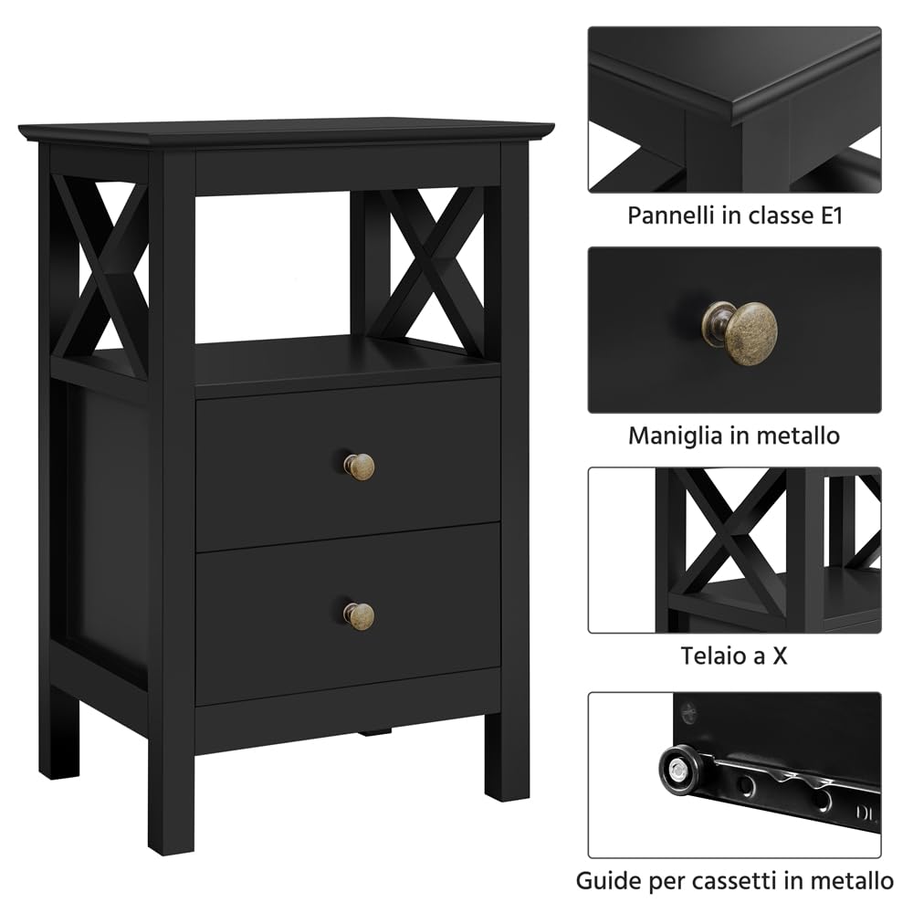 Yaheetech Set 2 Comodini da Camera da Letto Comodino Moderno con 2 Cassetti e Ripiano Tavolino Lato da Divano in Legno Mobiletto da Notte Portaoggetti Stile Shabby Chic 40 x 30 x 60 cm Nero