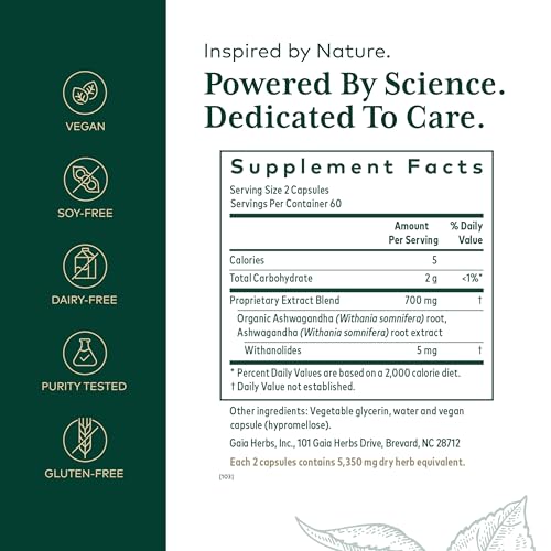 Gaia Herbs PRO Ashwagandha 700 - Healthy Immune Support Supplement* - Single-Herb Formula with Organic Ashwagandha - Vegan Gluten-Free Soy-Free - 120 Liquid Phyto-Caps (60 Servings) - Image 3