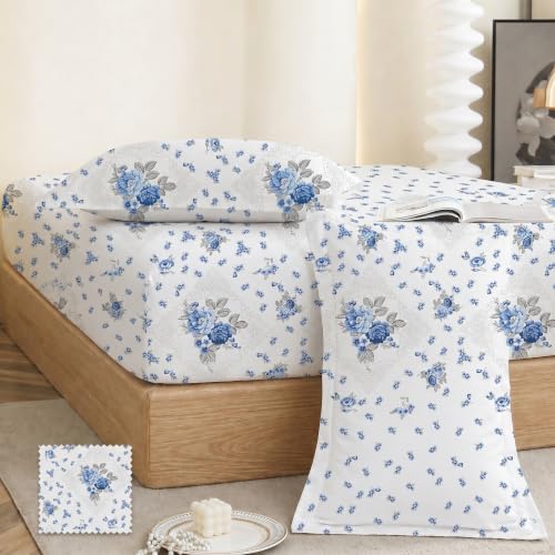 Image of IVAZA Ezyption Cotton Super Soft 240 TC Elastic Fitted All Around Elastic Printed King Size Double Bed Bedsheet with 2 Pillow Cover 72 inch X 78 inch3 Blue White Flower
