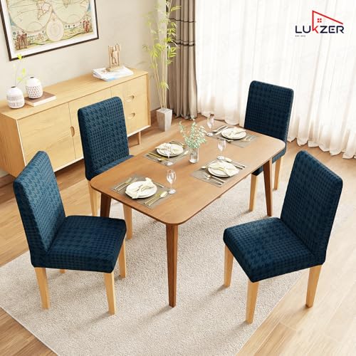 Image of Lukzer Elastic Dining Chair Cover - 1PC Pastel Marine Blue Square Knit | Textured High Stretch Jacquard Seat Cover | Removable Washable Short Dining Chair Cover Protector Seat Slipcover | (CC-180-01)