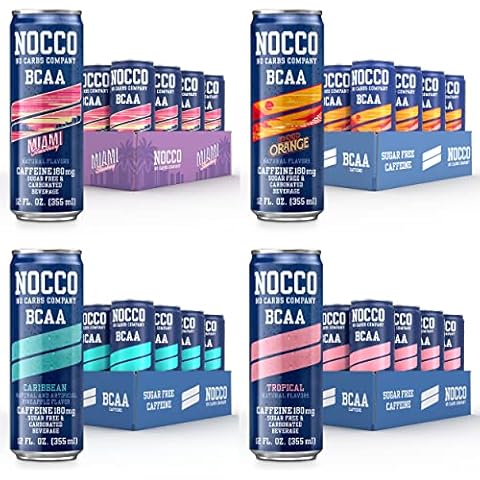 NOCCO BCAA Energy Drink Summer Variety Pack - 12 Count (Pack of 48) - 180mg Caffeine, Sugar Free Energy Drinks - Carbonated, Low Calorie, BCAAs, Vitamin B6, B12, & Biotin - Grab & Go Performance Drink Cover