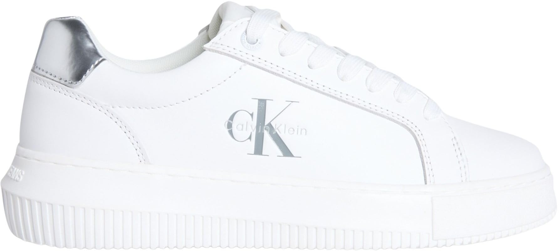 Calvin Klein Donna Sneakers con Suola Preformata Chunky Silver in Pelle, Bianco (Bright White/​Silver), 39