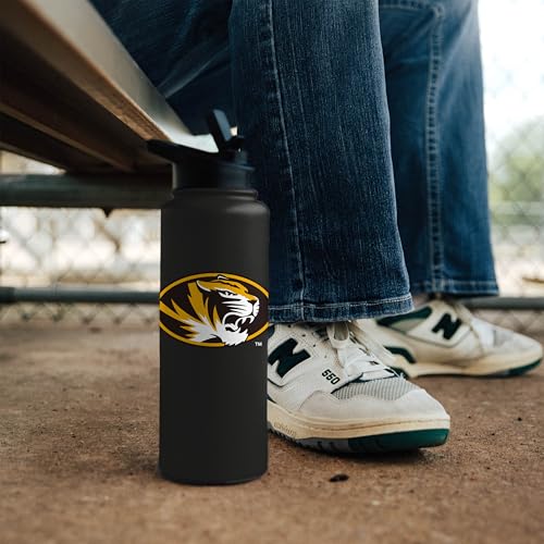 Image of Logo Brands NCAA Missouri Tigers 34 oz Stainless Steel Quencher Bottle - Team Color, Straw Included, No-Spill Lid, Easy Carry Handle - Keeps Drinks Cold For Hours