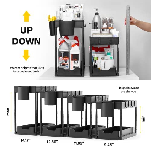 Epsy Under Sink Organizers And Storage 2 Pack - Adjustable Height 2 Tier Bathroom Organizer Under Sink With Sliding Drawers, 2 Cups, 4 Hooks, Highly Capacious Under Kitchen Sink Organizer, Black #TOP1