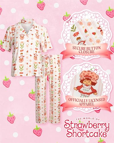 Image of COCO BRANDS Strawberry Shortcake Womens Pajama Sets - 2 Piece Soft Stretch Button Down Sleep Shirt and Pajama Pants