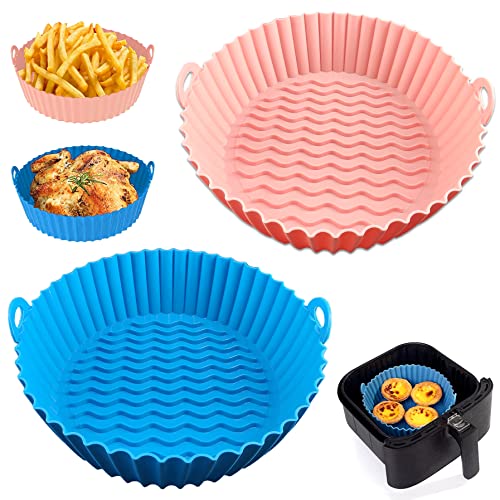 LOMSIOY 2 Pack Air Fryer Silicone Pot Reusable Round Air Fryer Oven Accessories with Handle Silicone Liner Tray Kitchen Accessories 8.4 Inch (Pink Blue)