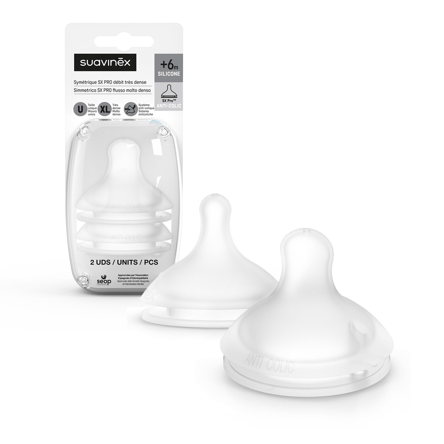 Suavinex, Symmetrischer Sauger Sx Pro, aus Silikon, für Suavinex Fläschchen, extra starker Durchfluss (XL), für dicke Nahrungsmittel und Getreide, bis zu 6 Monate, mit Anti-Colic-Ventil, 2 Stück