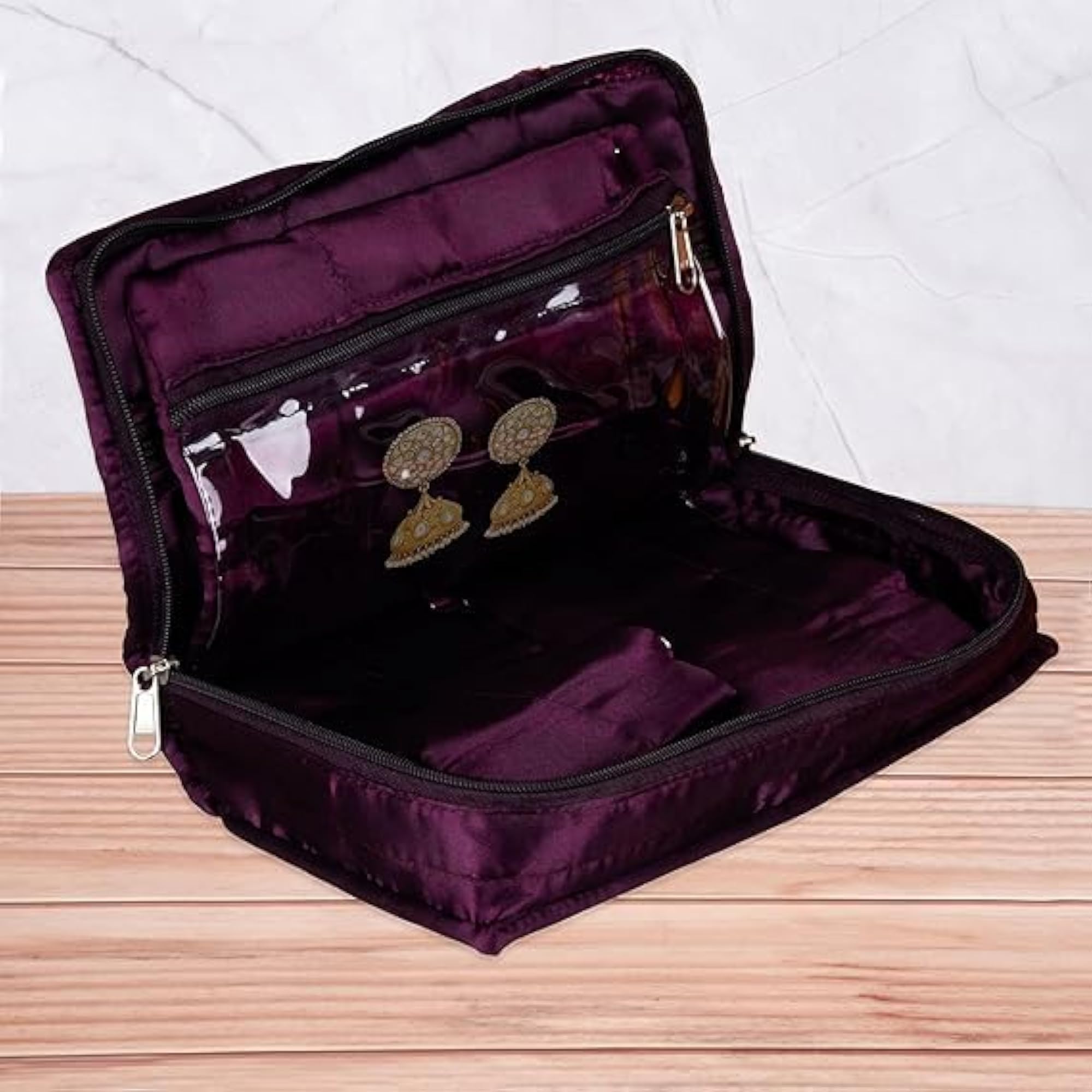 Satin Quilted Jewellery Organizer with 6 Flappable Pouches