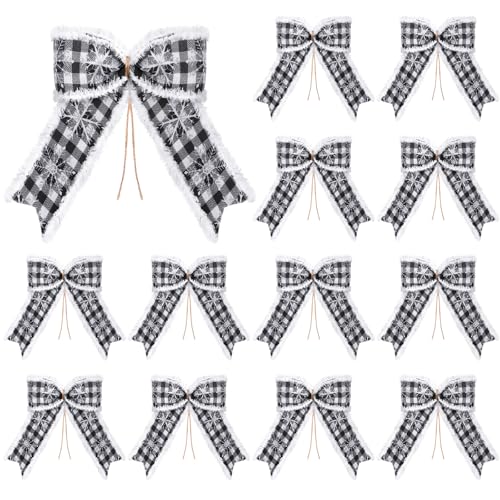 WILLBOND 12 Pieces Black and White Buffalo Plaid Bows 7 x 7 Inches Christmas Snowflake Decorative Ribbon Bows for Xmas Wreaths Crafts Holiday DIY Christmas Tree Decorations