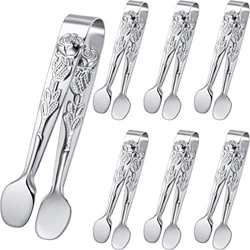 6 Pieces Rose Handle Sugar Tong Stainless Steel Mini Sugar Tong Cube Tongs Non-slip Appetizers Candy Serving Tongs for Coffee Tea Sugar Ice Cube Appetizer Kitchen Serving (Silver)