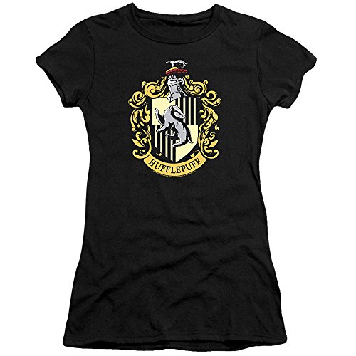 PopFunk Classic Harry Potter Hufflepuff Logo Teen Juniors Womens Premium Cotton Cap Sleeve Graphic T-Shirt & Stickers (X-Large)