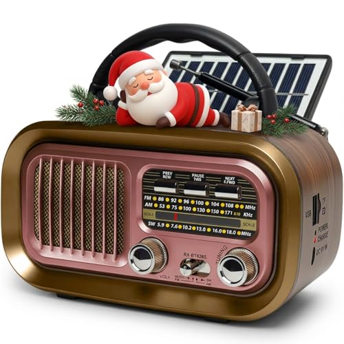 Radio Portatil Pequeña, Am/FM/SW Transistores Radio con Panel Solar, Radio Bluetooth Retro Alimentada por Baterías Recargables de 1200mAh o Pilas D, Radio FM Soporta USB/Tarjeta TF/TWS