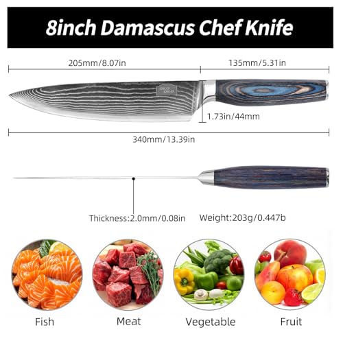 QKOQKO Damascus Chef Knife, 8-Inch Kitchen Knives with 9Cr18MoV Steel Core, Japanese Chef Knife with Durable Wood Handle - Professional Razor Sharp Cooking Chef Knife for Kitchen with Gift Box - image 2