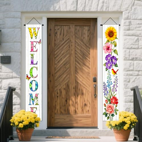 Image of Nuxovilar Welcome Floral Bird Porch Banners 12x70 Inches Polyester | Spring Porch Sign, Hanging Decor Floral welcome Banner, Avian Wreath Accent Yard, Patio, Home (Welcome Bird)