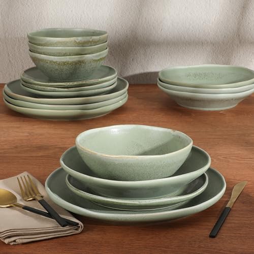 Image of Gibson Elite Island Cove 16 Piece (Service for 4) Plates and Bowls Reactive Glaze Organic Round Dishes Stoneware Ceramic Dinnerware Set -Green